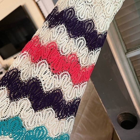 Cute‎ teal blue shirt dress with striped crochet bell sleeve - Picture 4 of 6